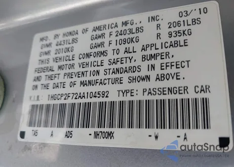 2010 Honda Accord 2.4 Ex from USA, damaged, VIN 1HGCP2F72AA104592